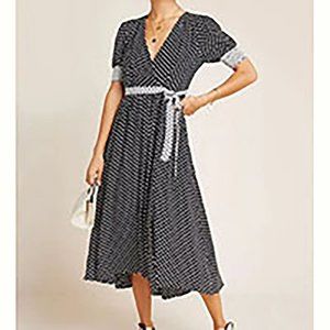 Anthropologie Maeve faux wrap black white midi dress 4 petite uk 8